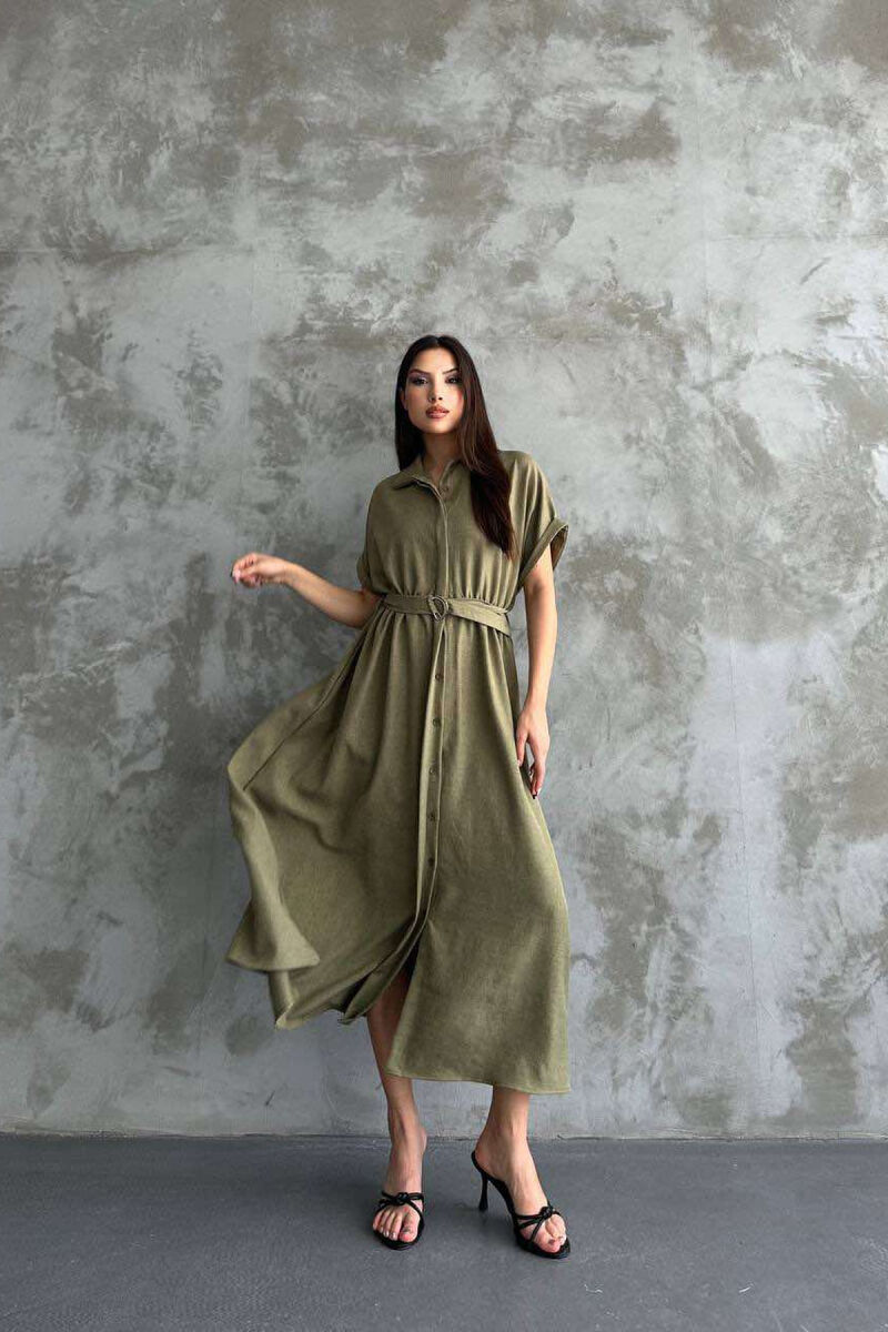 LONG BUTTON ONE COLOR WOMEN DRESS OLIVE/ULLI - 2