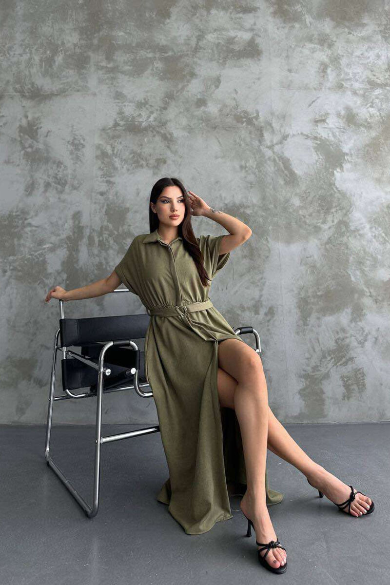 LONG BUTTON ONE COLOR WOMEN DRESS OLIVE/ULLI - 3