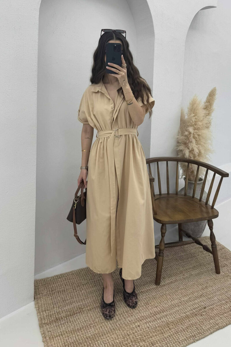 LONG BUTTON SIMPLE WOMEN DRESS DARK BEIGE/BEZHE ERRET - 1
