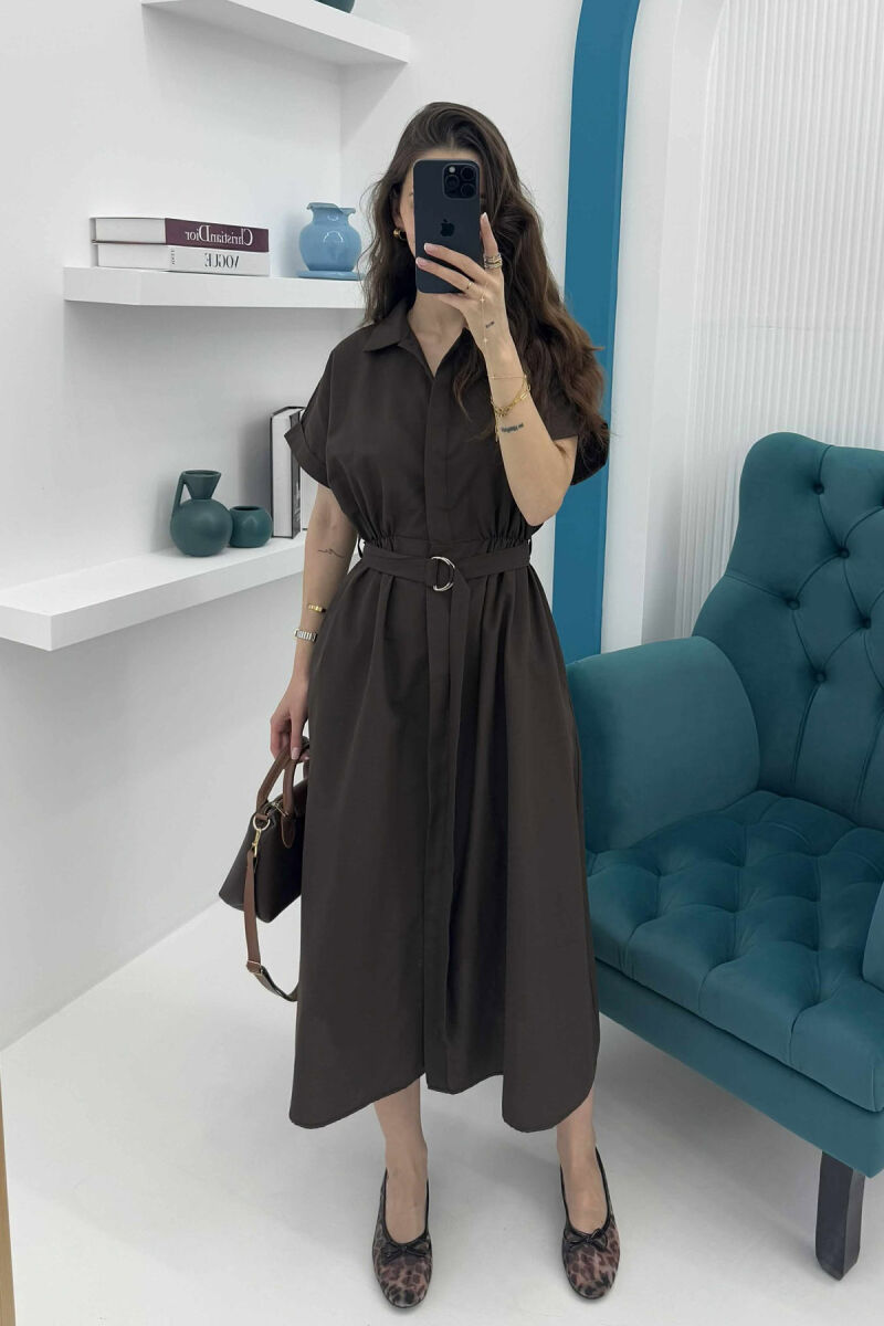 LONG BUTTON SIMPLE WOMEN DRESS DARK BROWN/KAE - 1