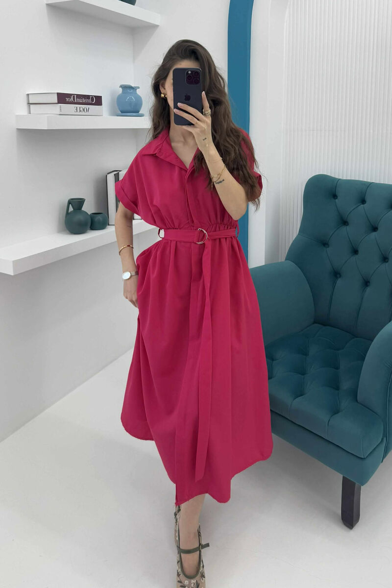 LONG BUTTON SIMPLE WOMEN DRESS FUCHSIA/CIKLAMI - 1