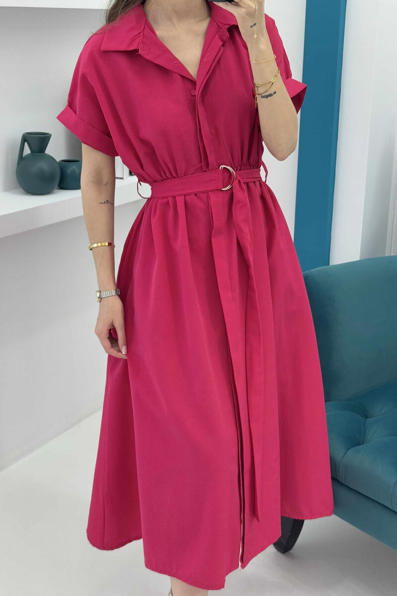 LONG BUTTON SIMPLE WOMEN DRESS FUCHSIA/CIKLAMI - 2