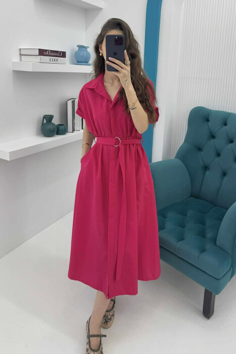LONG BUTTON SIMPLE WOMEN DRESS FUCHSIA/CIKLAMI - 4