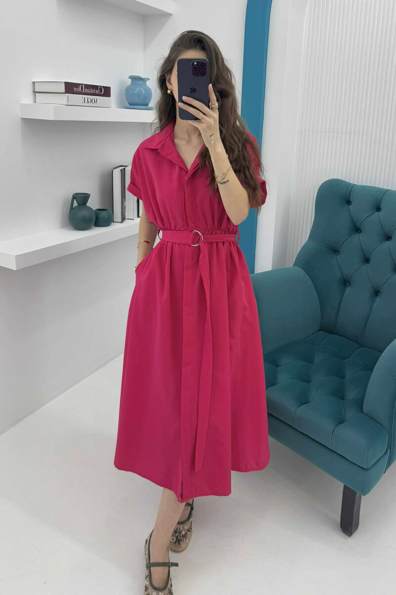 LONG BUTTON SIMPLE WOMEN DRESS FUCHSIA/CIKLAMI - 4