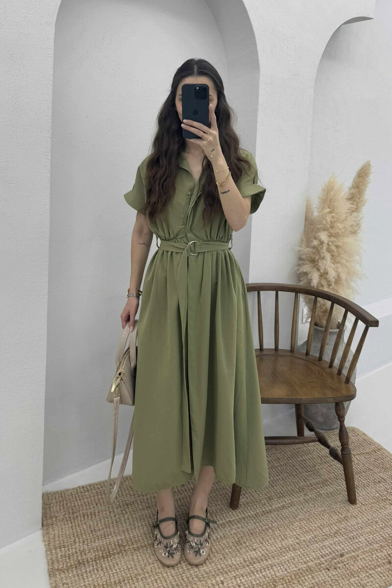 LONG BUTTON SIMPLE WOMEN DRESS OLIVE/ULLI - 1
