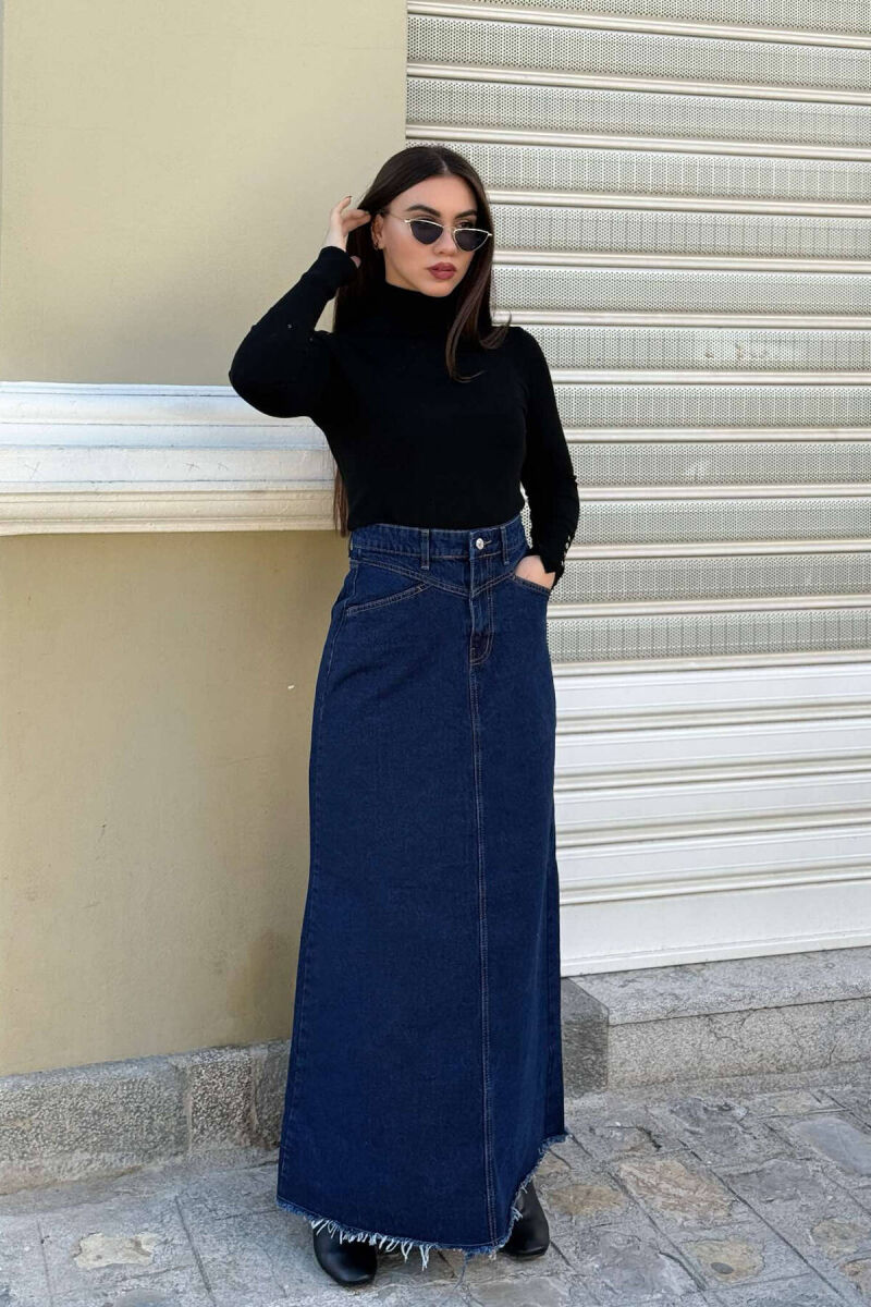 LONG DENIM WOMEN SKIRT DARK BLUE/BEE - 2