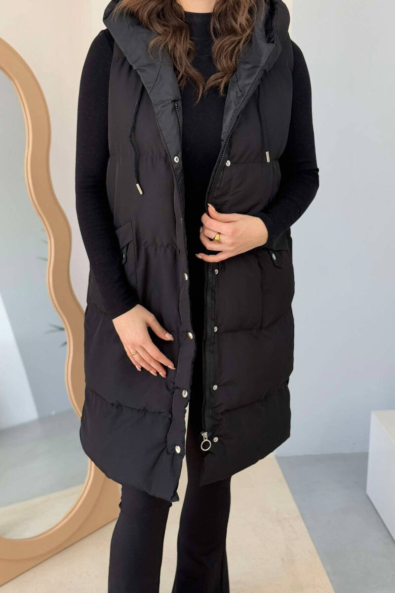 LONG HOOD WOMEN VEST IN BLACK COLOR - 3