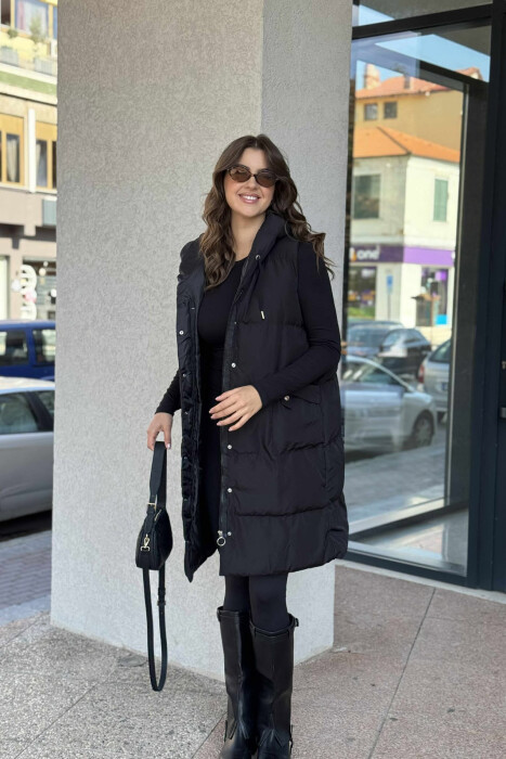 ONE COLOR LONG HOOD WOMEN VEST BLACK/ E ZEZE - 2