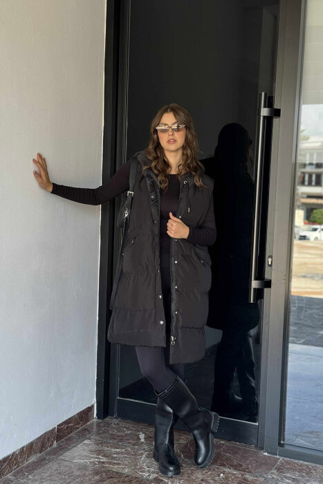 ONE COLOR LONG HOOD WOMEN VEST BLACK/ E ZEZE - 4