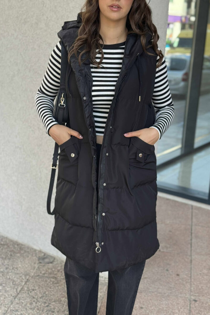 ONE COLOR LONG HOOD WOMEN VEST BLACK/ E ZEZE - 7