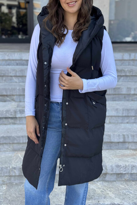 ONE COLOR LONG HOOD WOMEN VEST BLACK/ E ZEZE - 12