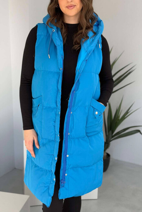 LONG HOOD WOMEN VEST IN BLUE COLOR - 2