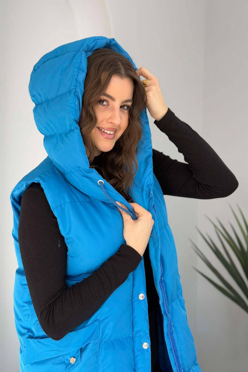 LONG HOOD WOMEN VEST IN BLUE COLOR - 3