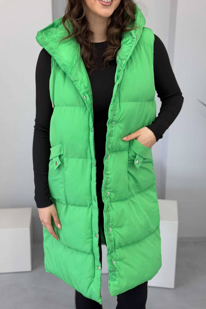 LONG HOOD WOMEN VEST IN LIGHT GREEN COLOR - 2