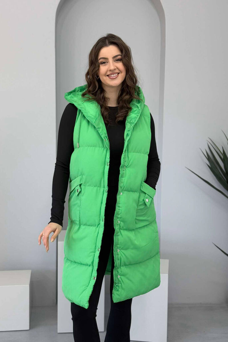 LONG HOOD WOMEN VEST IN LIGHT GREEN COLOR - 3