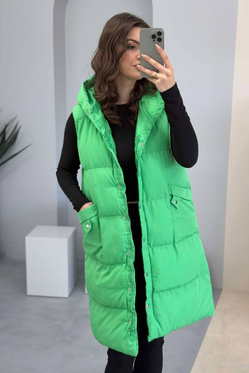 LONG HOOD WOMEN VEST IN LIGHT GREEN COLOR - 5