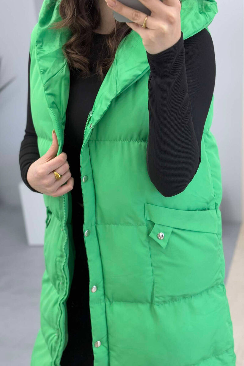 LONG HOOD WOMEN VEST IN LIGHT GREEN COLOR - 7