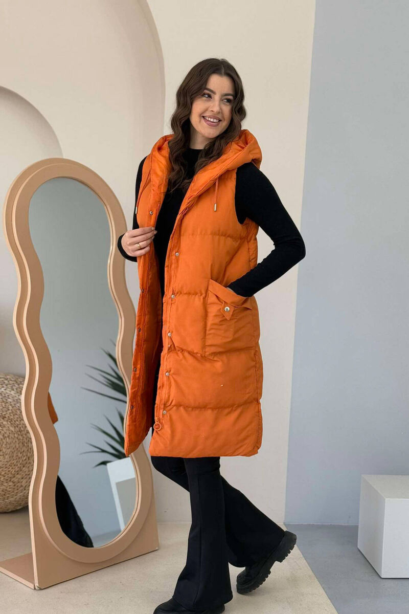 LONG HOOD WOMEN VEST IN ORANGE COLOR - 1