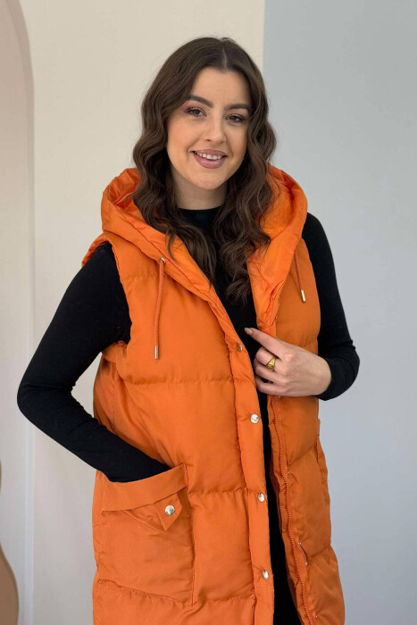 LONG HOOD WOMEN VEST IN ORANGE COLOR - 2