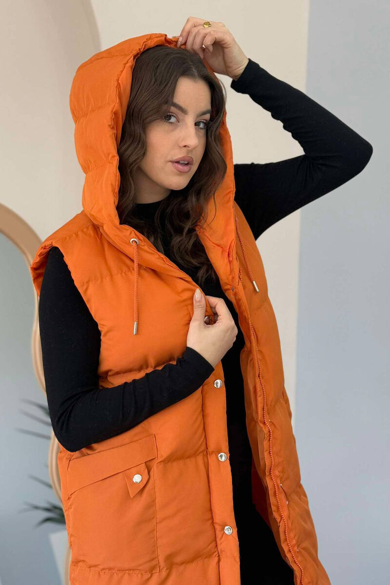 LONG HOOD WOMEN VEST IN ORANGE COLOR - 3