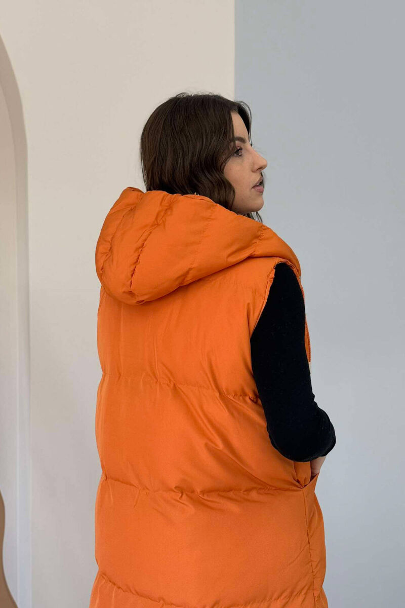 LONG HOOD WOMEN VEST IN ORANGE COLOR - 4