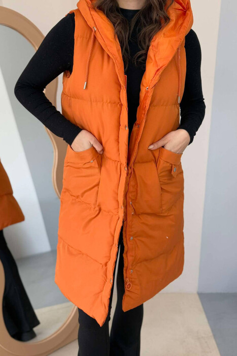 LONG HOOD WOMEN VEST IN ORANGE COLOR - 5