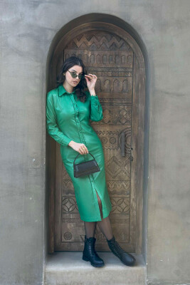 LONG LEATHER BUTTON WOMEN DRESS GREEN/JESHILE 