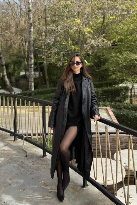 LONG LEATHER LACING WOMEN JACKET BLACK/ E ZEZE 