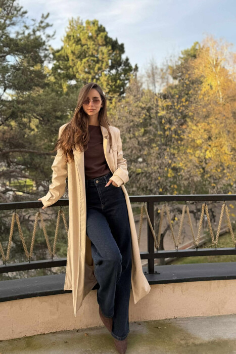 LONG LEATHER LACING WOMEN JACKET CREAM/KREM - 2