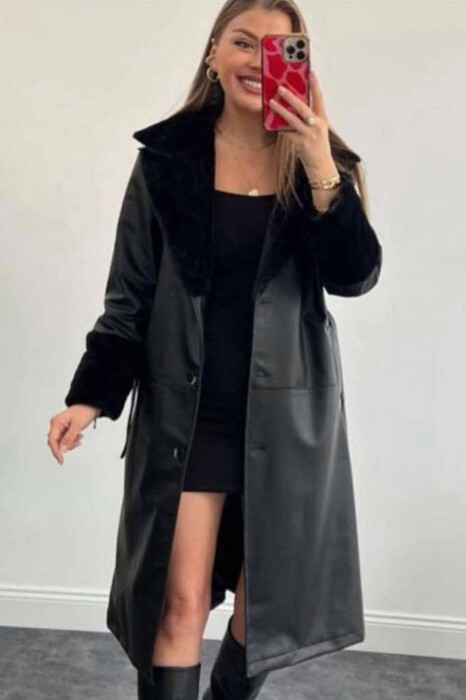 LONG LEATHER WOMEN COAT IN BLACK COLOR 