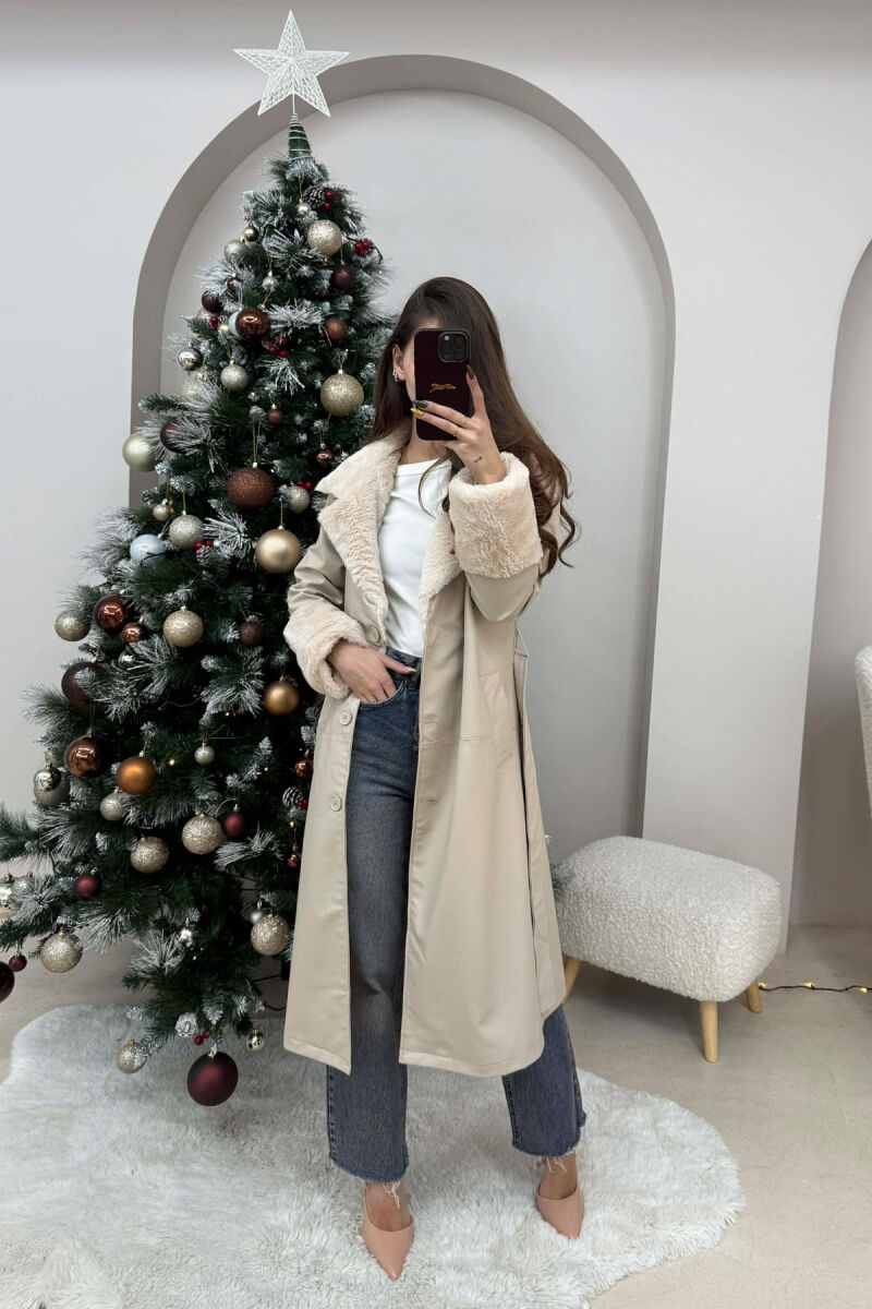 LONG LEATHER WOMEN COAT CREAM/KREM - 2