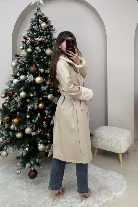 LONG LEATHER WOMEN COAT CREAM/KREM - 3