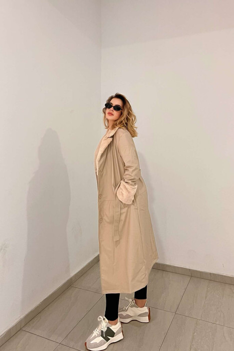 LONG LEATHER WOMEN COAT IN CREAM COLOR - 2