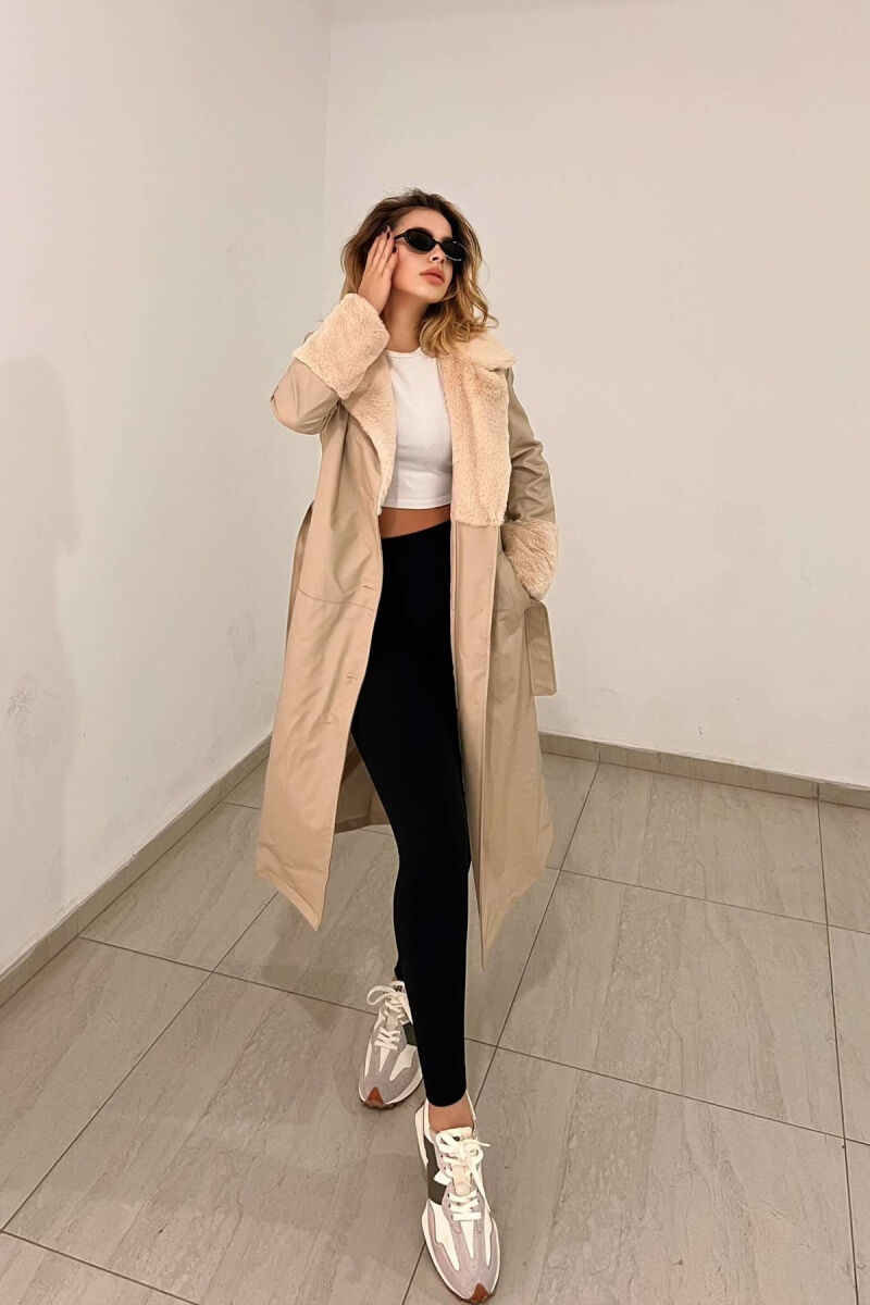 LONG LEATHER WOMEN COAT IN CREAM COLOR - 4