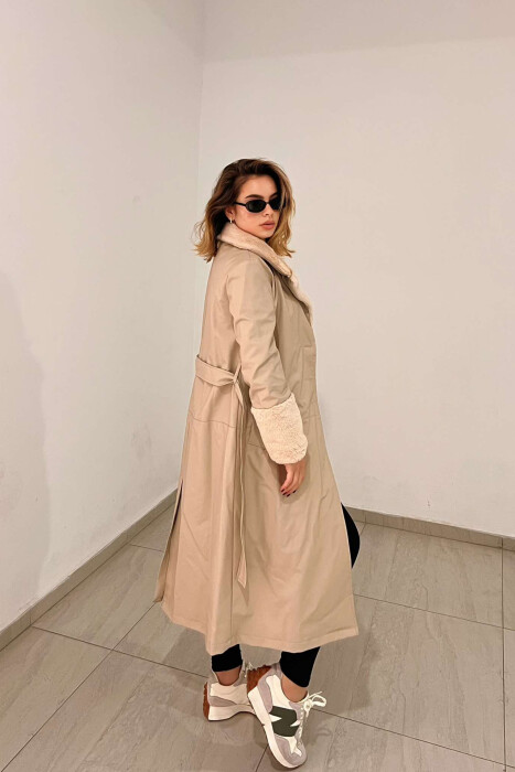 LONG LEATHER WOMEN COAT IN CREAM COLOR - 5