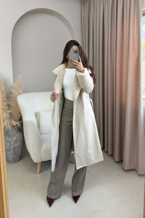 LONG LEATHER WOMEN COAT CREAM/KREM - KLAUDIO FASHION