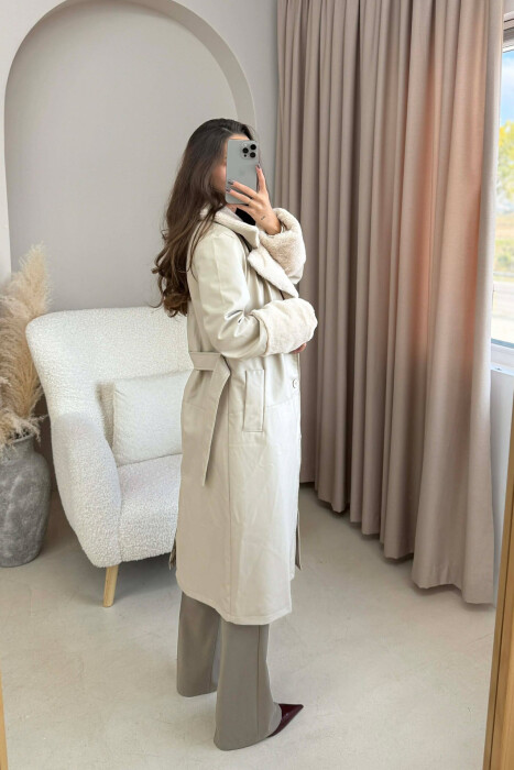 LONG LEATHER WOMEN COAT CREAM/KREM - 2