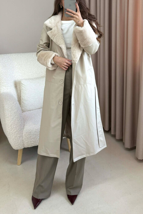 LONG LEATHER WOMEN COAT CREAM/KREM - 3