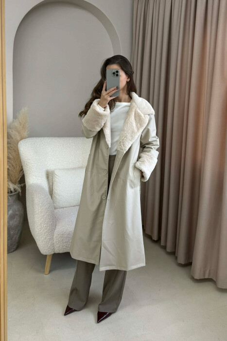 LONG LEATHER WOMEN COAT CREAM/KREM - 4