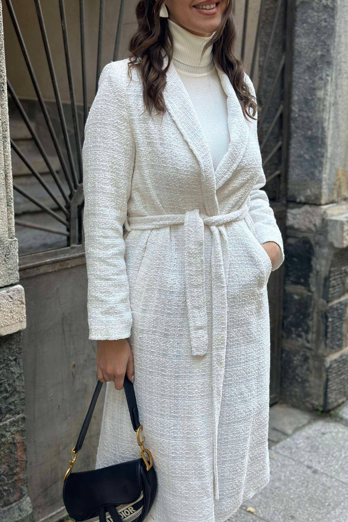 LONG ONE COLOR BELT WOMEN JACKET WHITEE BARDHE JACKETS KLAUDIO FASHION
