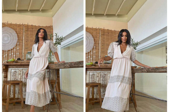 LONG ONE COLOR DRESS CREAM/KREM - KLAUDIO FASHION