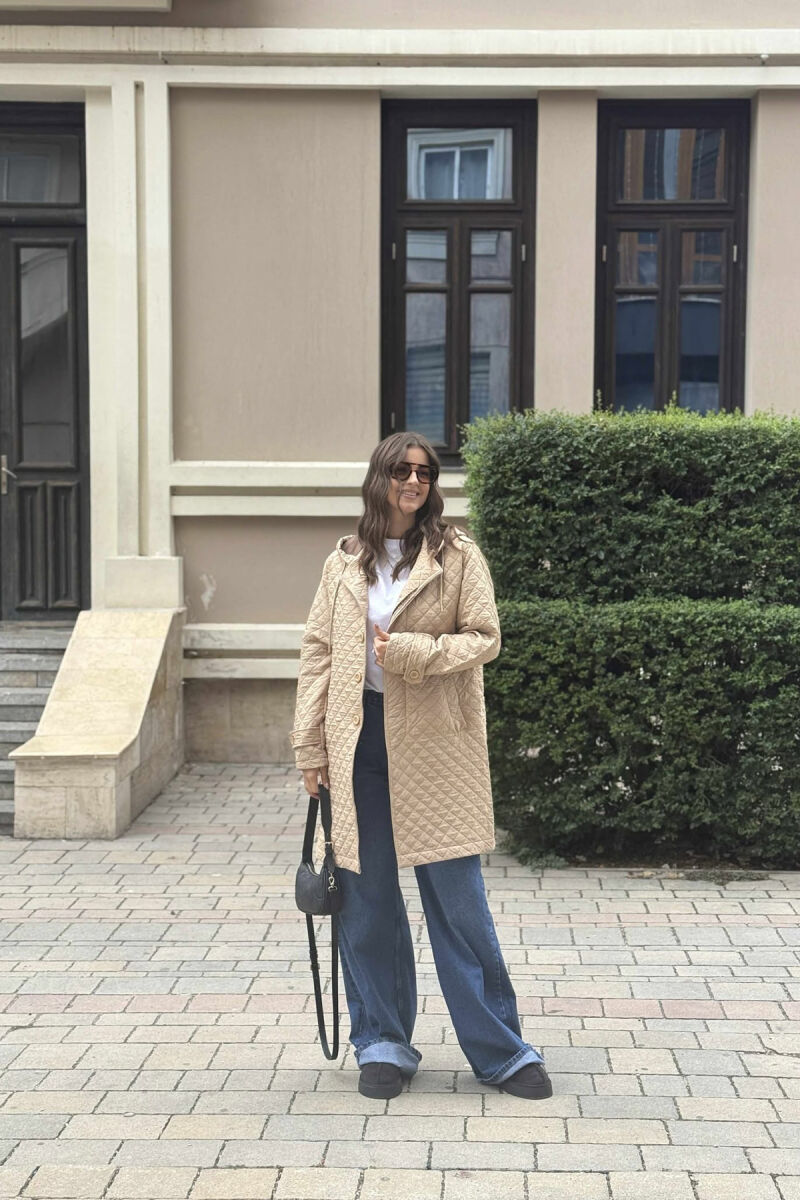 LONG ONE COLOR HOODED WOMEN JACKET BEIGE/BEZHE - 1