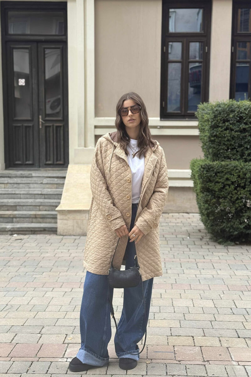 LONG ONE COLOR HOODED WOMEN JACKET BEIGE/BEZHE - 3