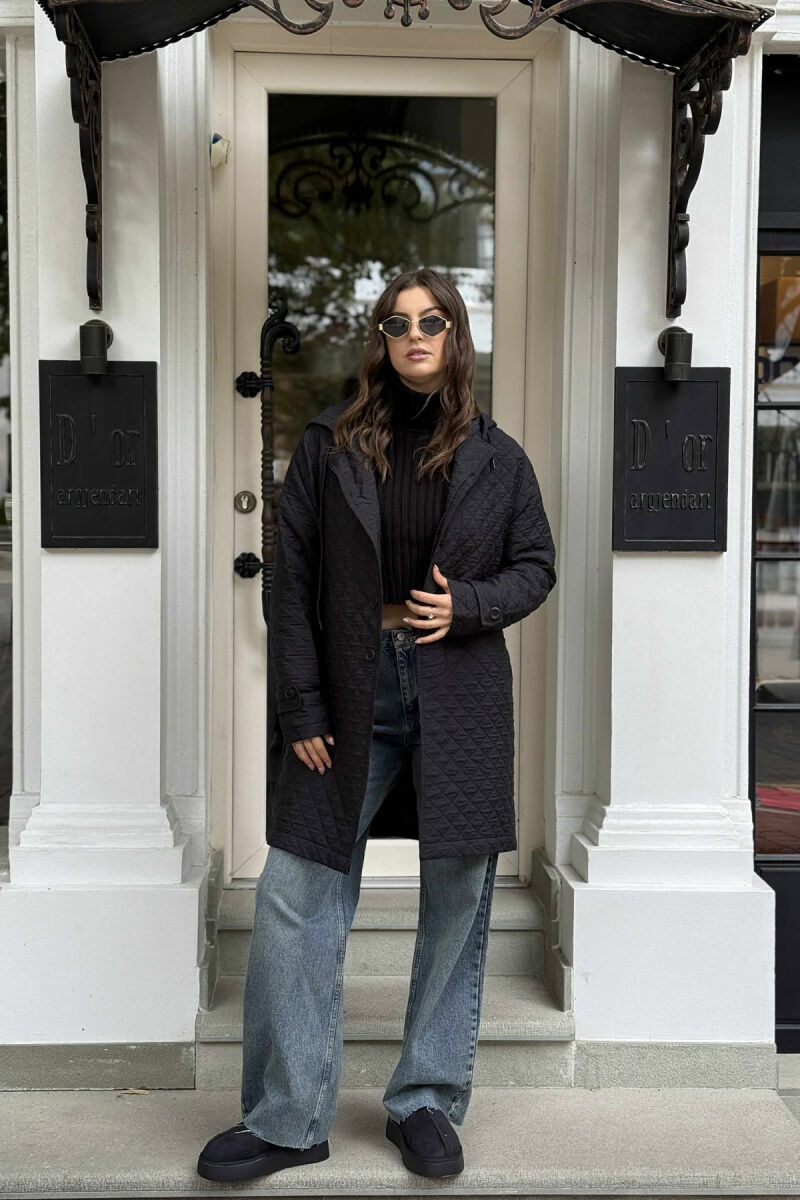 LONG ONE COLOR HOODED WOMEN JACKET BLACK/ E ZEZE - 1