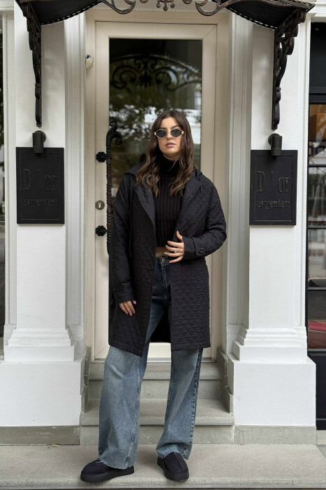 LONG ONE COLOR HOODED WOMEN JACKET BLACK/ E ZEZE 