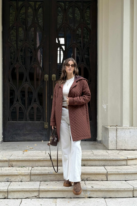 LONG ONE COLOR HOODED WOMEN JACKET BROWN/KAFE 