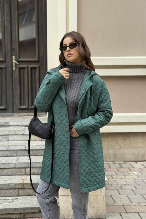 LONG ONE COLOR HOODED WOMEN JACKET GREEN/JESHILE 