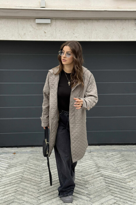 LONG ONE COLOR HOODED WOMEN JACKET GREY/GRI - 1