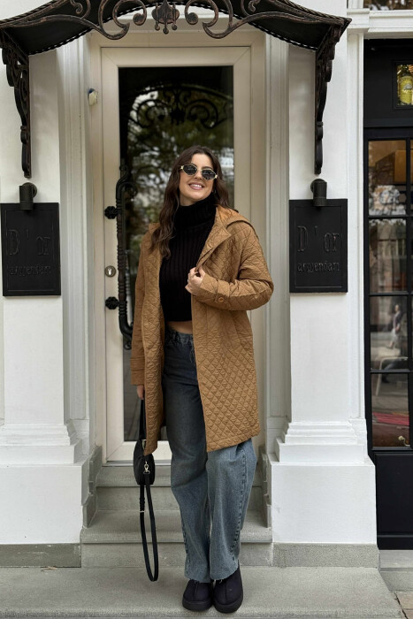 LONG ONE COLOR HOODED WOMEN JACKET LIGHT BROWN/KAZB - 1