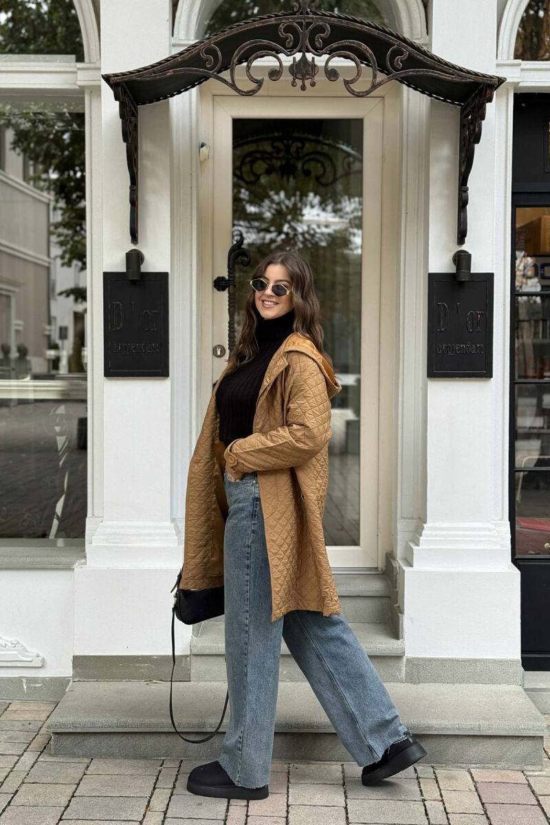 LONG ONE COLOR HOODED WOMEN JACKET LIGHT BROWN/KAZB - 2